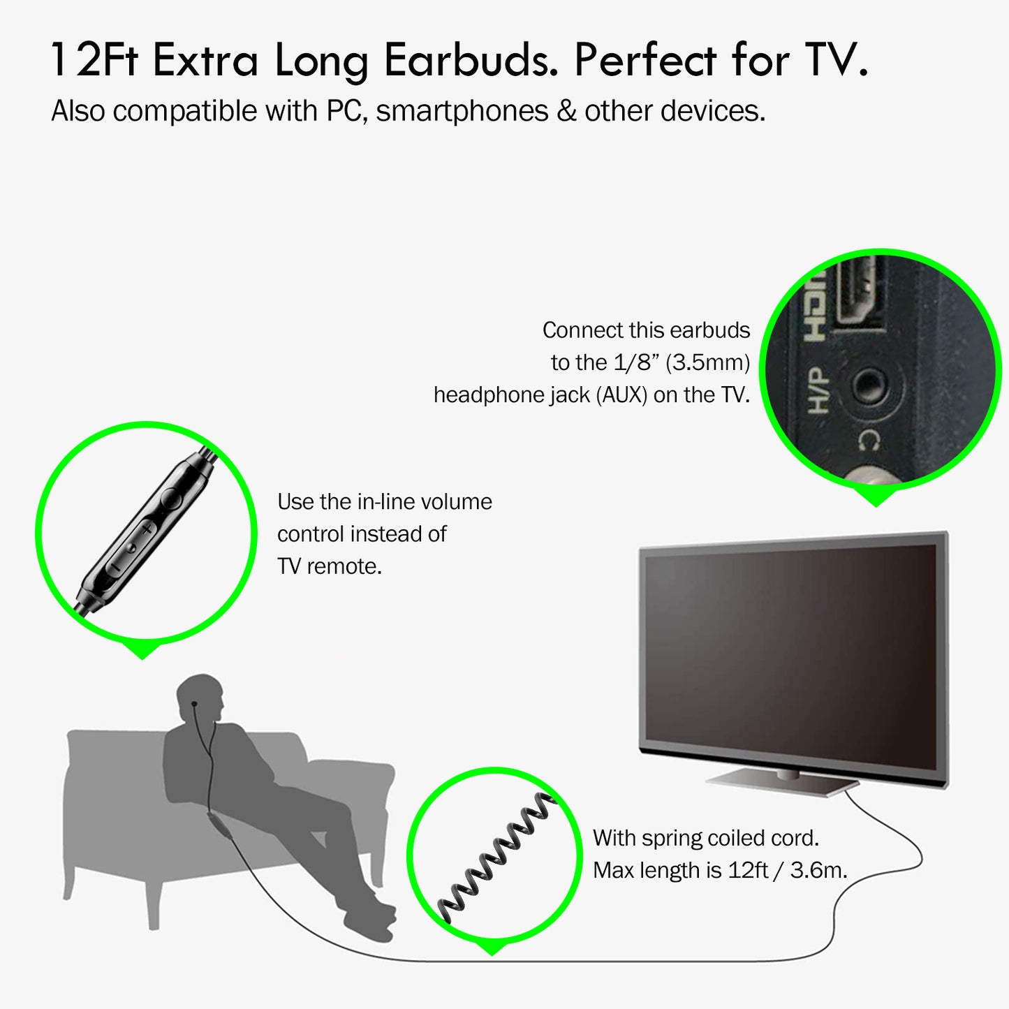 Earbuds with 12ft Long Cord