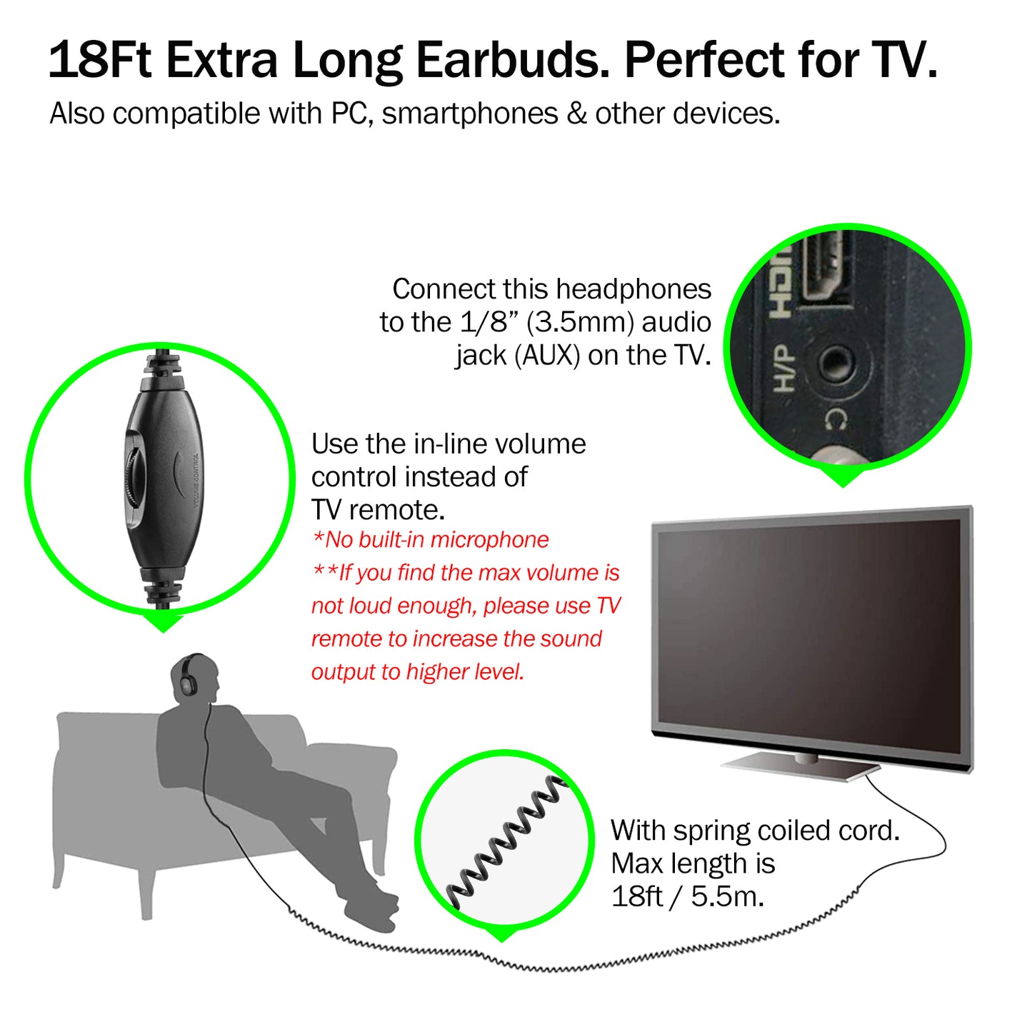 TV Headphones with Extra-Long Cord