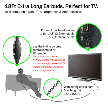 TV Headphones with Extra-Long Cord