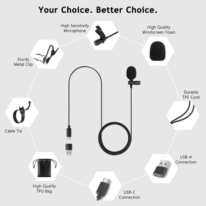 USB-C / USB-A Lavalier Microphone for Phones & PC