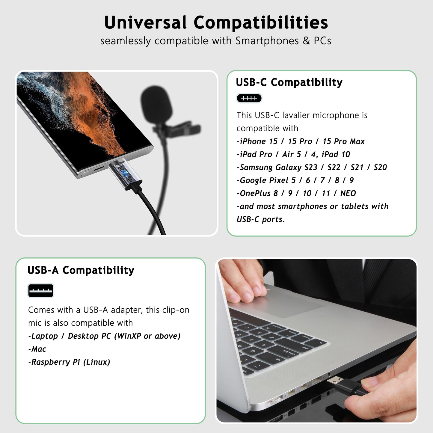 USB-C / USB-A Lavalier Microphone for Phones & PC