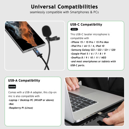 USB-C / USB-A Lavalier Microphone for Phones & PC